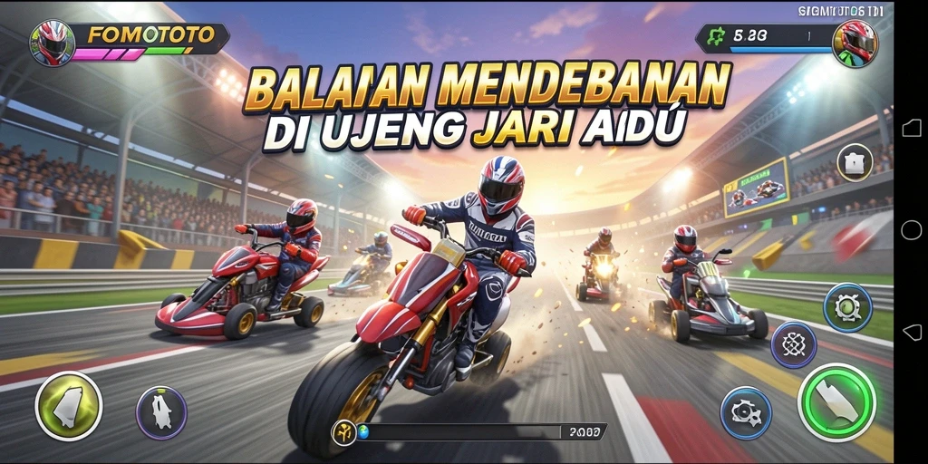 Screenshot gameplay FOMOTOTO menunjukkan mobil balap melaju di lintasan menantang.