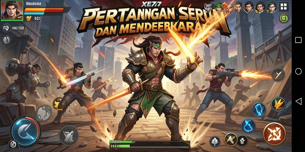Screenshot gameplay XE77 yang menampilkan pertarungan epik antara karakter.